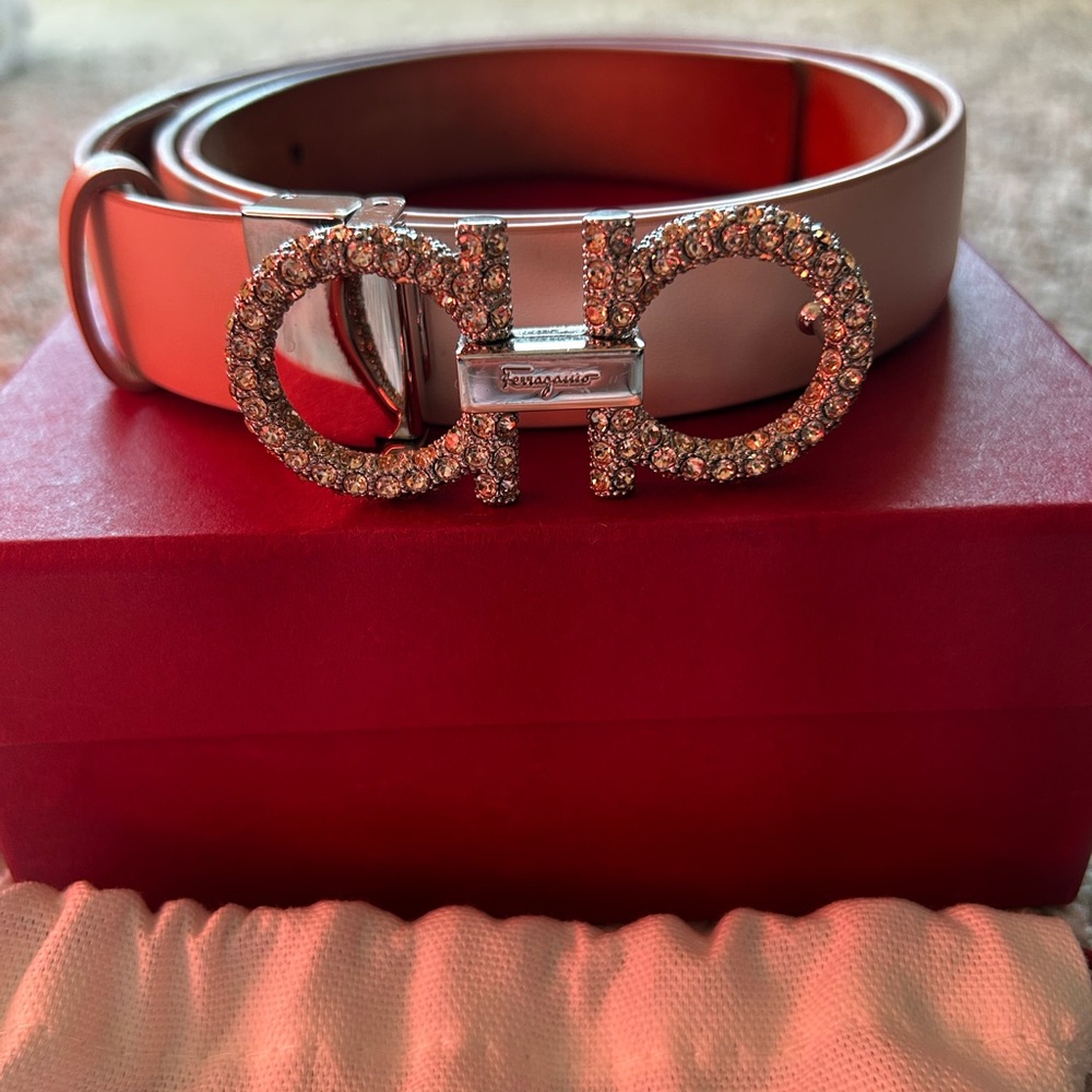 Salvatore Ferragamo Light Pink Belt with Rhinestone Silver Buckle